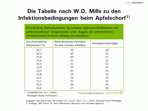 Die Tabelle nach W.D. Mills zu den Infektionsbedingungen beim Apfelschorf - Epidemiologie/Populationsdynamik , Pilze - Apfelschorf, Epidemiologie/Populationsdynamik, Mills, Pilze